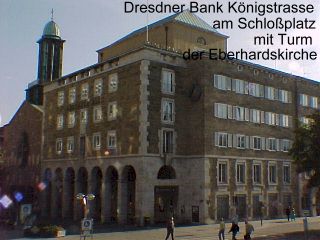 Taubenabwehr ARTA Stuttgart Referenzen Dresdner Bank Königstrasse am Schlossplatz mit Turm der Eberhardskirche Taubenabwehr ARTA Stuttgart Referenzen Dresdner Bank Königstrasse am Schlossplatz mit Turm der Eberhardskirche
